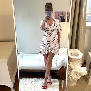 WHITE SHORT SLEEVE DRESS RES HEARTS RUFFLES FAUX WRAP PRETTY LITTLE THING